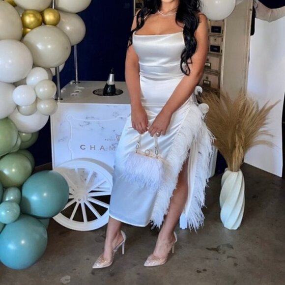 NICHOLE LYNEL Feather Trim Satin Body-Con Dress in White Size Small - Picture 8 of 12